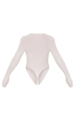Cream Ribbed Knit Long Sleeve Bodysuit