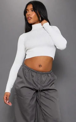 Cream Ribbed Knitted Roll Neck Cropped Sweater