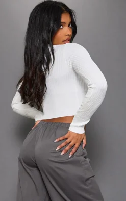 Cream Ribbed Knitted Roll Neck Cropped Sweater