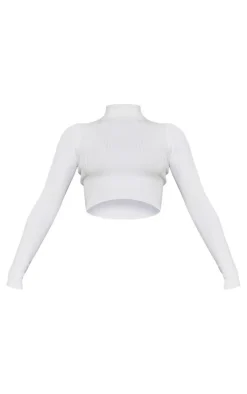Cream Ribbed Knitted Roll Neck Cropped Sweater