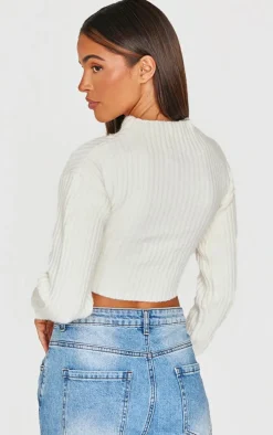 Cream Ribbed Twist Front Cut Out Sweater