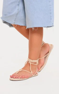 Cream Round Toe Rope Lace Up Toe Thong Flat Sandals