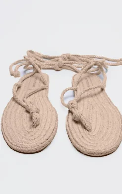 Cream Round Toe Rope Lace Up Toe Thong Flat Sandals