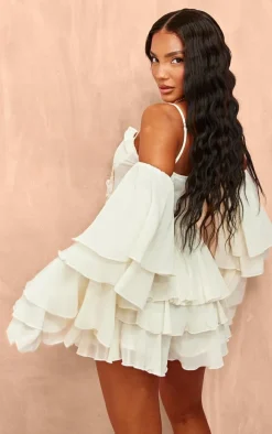 Cream Ruffle Detail Chiffon Frilly Skort Romper