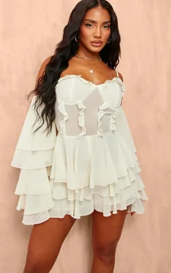 Cream Ruffle Detail Chiffon Frilly Skort Romper