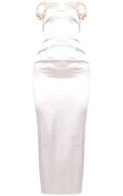 Cream Satin Corsage Maxi Dress