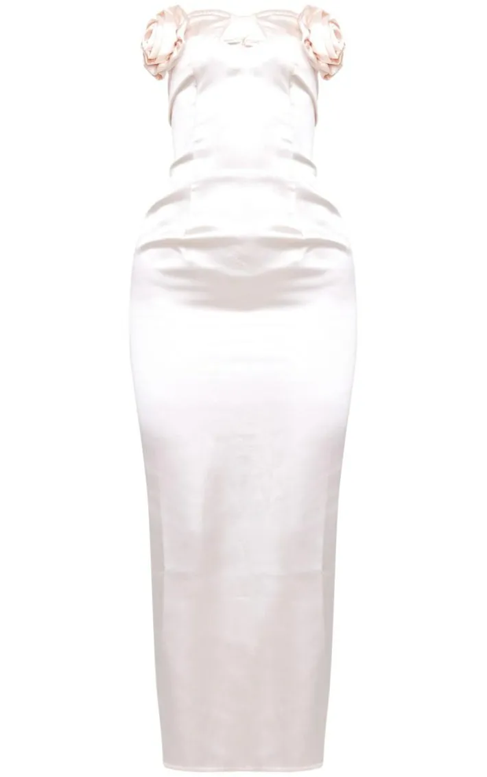 Cream Satin Corsage Maxi Dress