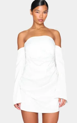 Cream Satin Corset Bardot Ruched Long Sleeve Shift Dress