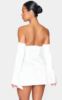 Cream Satin Corset Bardot Ruched Long Sleeve Shift Dress