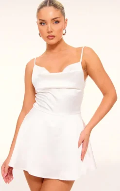 Cream Satin Cowl Neck Lace Up Back Skort Romper