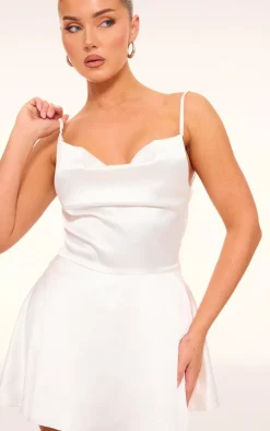 Cream Satin Cowl Neck Lace Up Back Skort Romper