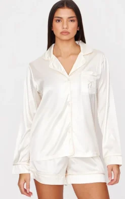 Cream Satin Embroidered Bow Short Pj Set