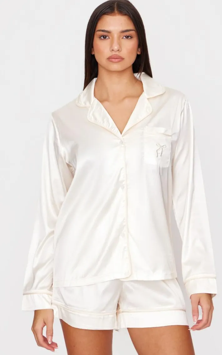 Cream Satin Embroidered Bow Short Pj Set