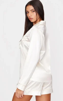 Cream Satin Embroidered Bow Short Pj Set