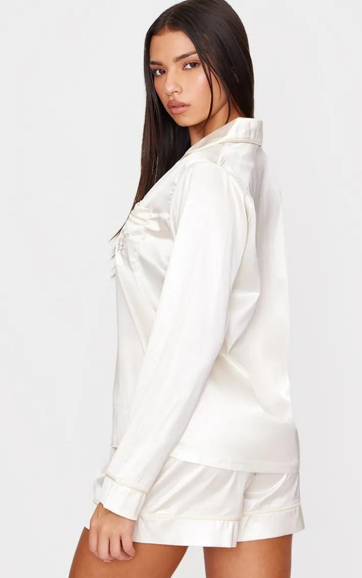 Cream Satin Embroidered Bow Short Pj Set