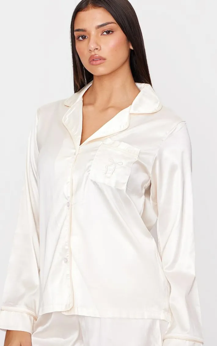 Cream Satin Embroidered Bow Short Pj Set