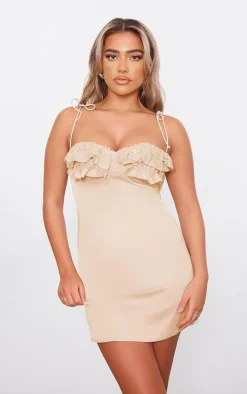 Cream Satin Lace Cup Detail Tie Shoulder Mini Dress