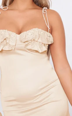 Cream Satin Lace Cup Detail Tie Shoulder Mini Dress