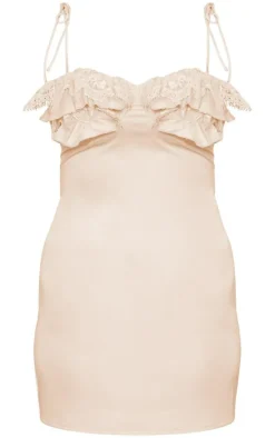 Cream Satin Lace Cup Detail Tie Shoulder Mini Dress