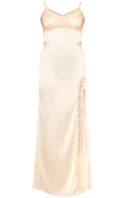 Cream Satin Lace Trim Spaghetti Strap Maxi Dress