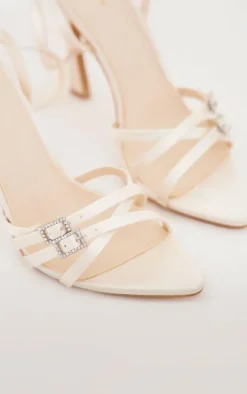 Cream Satin Pointed Barely There Diamante Buckle Heeled Sandals