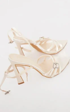 Cream Satin Pointed Barely There Diamante Buckle Heeled Sandals