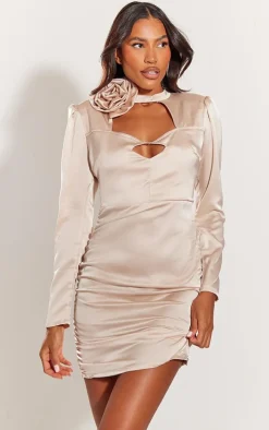 Cream Satin Rose Applique Ruched Side Long Sleeve Mini Dress