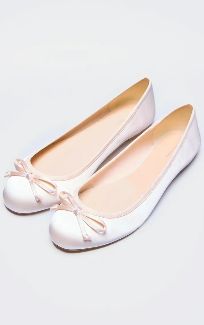 Cream Satin Round Toe Bow Detail Ballet Flats