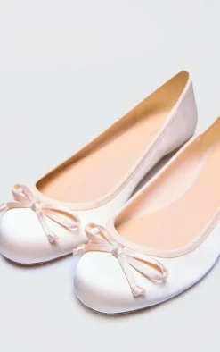 Cream Satin Round Toe Bow Detail Ballet Flats