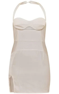 Cream Satin Textured Cup Detail Halter Bodycon Dress