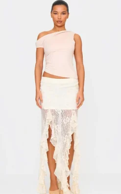 Cream Sequin Lace Drape Detail Maxi Skirt