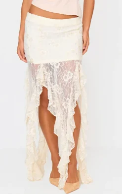 Cream Sequin Lace Drape Detail Maxi Skirt