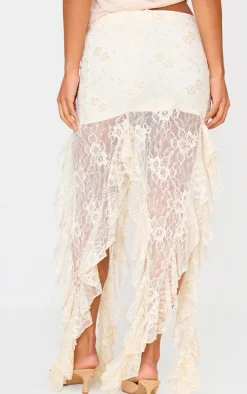 Cream Sequin Lace Drape Detail Maxi Skirt