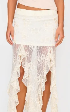 Cream Sequin Lace Drape Detail Maxi Skirt