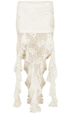 Cream Sequin Lace Drape Detail Maxi Skirt
