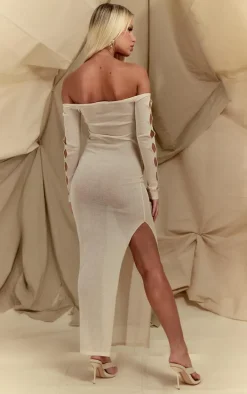 Cream Sheer Knit Cut Out Long Sleeve Maxi Dress