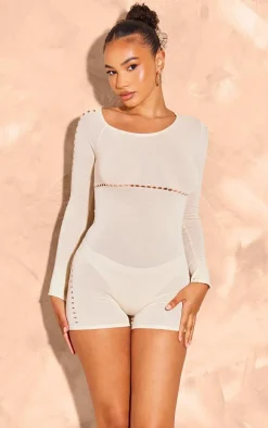 Cream Sheer Knit Cut Out Detail Romper
