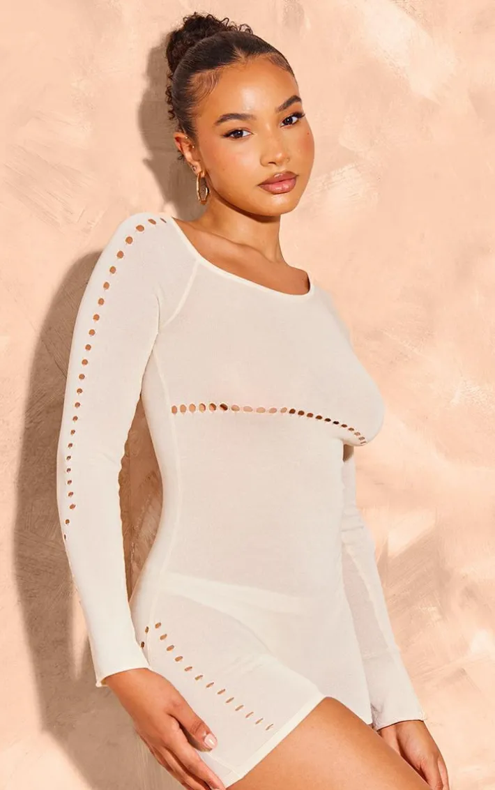 Cream Sheer Knit Cut Out Detail Romper