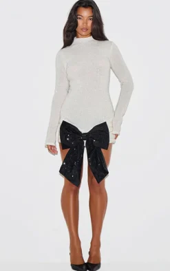 Cream Sheer Tinsel Knit Contrast Bow Detail Sweater Dress