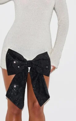 Cream Sheer Tinsel Knit Contrast Bow Detail Sweater Dress