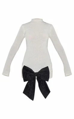 Cream Sheer Tinsel Knit Contrast Bow Detail Sweater Dress