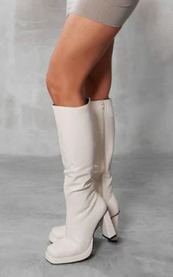 Cream Slight Platform Block Heel Square Toe Knee Boots