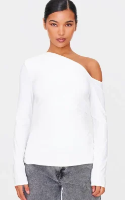 Cream Slinky Asymmetric Long Top