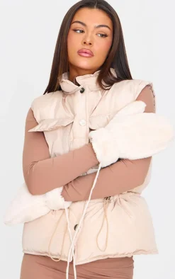 Cream Soft Faux Fur Attached Mittens