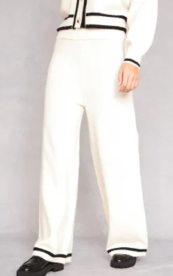 Cream Soft Knit Contrast Stripe Detail Wide Leg Pants