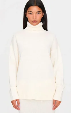 Cream Soft Knit Roll Neck Oversized Sweater
