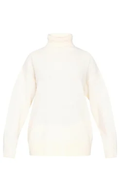 Cream Soft Knit Roll Neck Oversized Sweater