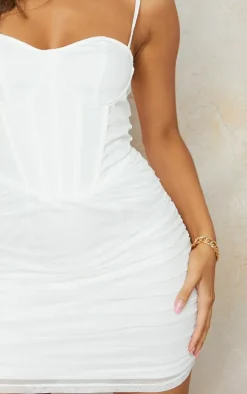 Cream Strappy Corset Detail Mesh Ruched Skirt Bodycon Dress