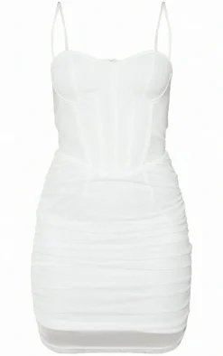 Cream Strappy Corset Detail Mesh Ruched Skirt Bodycon Dress
