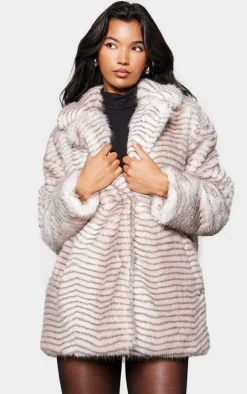 Cream Stripe Faux Fur Collar Detail Coat